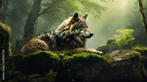 The wolf is relaxing in the middle of the forest