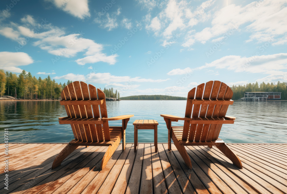 Two wooden chairs sit atop a weathered dock, overlooking the serene lake and surrounded by a picturesque landscape of trees and fluffy clouds in the sky