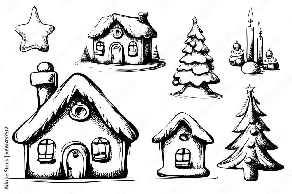 Hand sketch Set of Christmas clipart elements. Cute hand drawn vector illustraton, warm Christmas objects, christmas tree and house