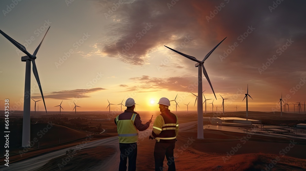 Two engineers discuss wind turbine maintenance plans. Renewable energy with wind generator with renewable energy concept. Two engineers discuss wind turbine maintenance plans. Renewable energy with wind generator with renewable energy concept.
