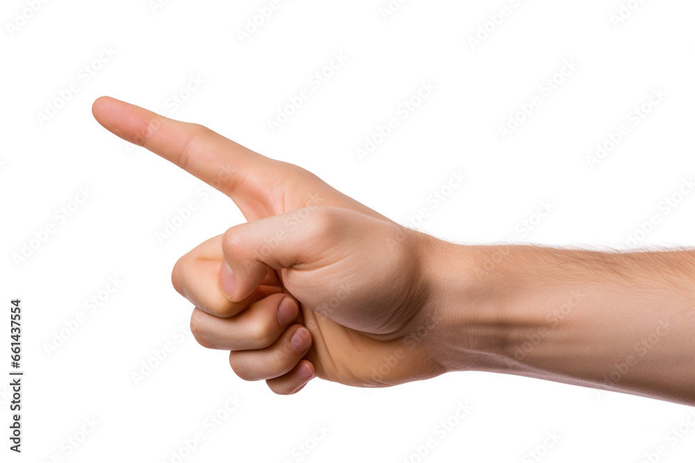 Male finger pointing, indicating direction or drawing attention to a specific object or action, isolated on a white background - obrazy, fototapety, plakaty 