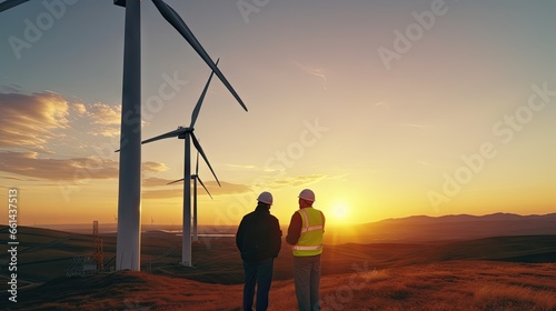 Two engineers discuss wind turbine maintenance plans. Renewable energy with wind generator with renewable energy concept.