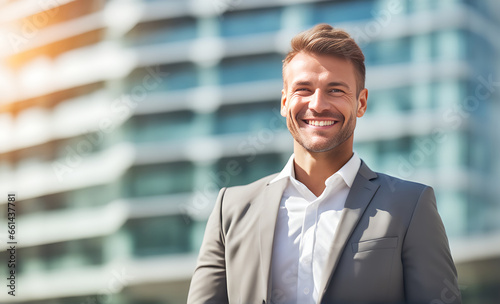 Businessman outside office, smiling
