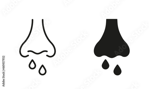 Runny Nose Line and Silhouette Black Icon Set. Coronavirus Symptom, Nosebleed, Nasal Mucus Symbol Collection. Sinusitis Symptom, Snot, Allergy Cold Pictogram. Isolated Vector Illustration