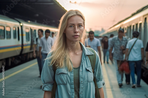 Blonde Woman in Denim Shirt Waits at Train Station as Sun Sets, ai generative