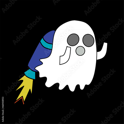 an illustration of a Halloween ghost with a cute character flying on a rocket at night