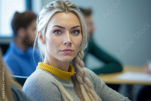 Academic Ambition: A Beautiful Blonde College Student Engages in a Thoughtful Classroom Discussio, ai generative photo