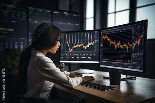 In a minimalist trading room, a woman trader studies price charts on a sleek desk, with a focus on simplicity and efficiency in financial decision-making. 