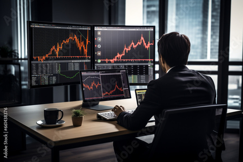In a minimalist trading room, a woman trader studies price charts on a sleek desk, with a focus on simplicity and efficiency in financial decision-making. 
