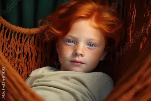 A charming image of a little girl with vibrant red hair enjoying a peaceful moment as she lays in a comfortable hammock. Perfect for illustrating the joys of childhood, relaxation, and leisure activit photo