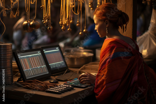 In a bustling market square, a woman trader scrutinizes price charts on a portable device, blending the dynamics of trading with the energy of a street market. 