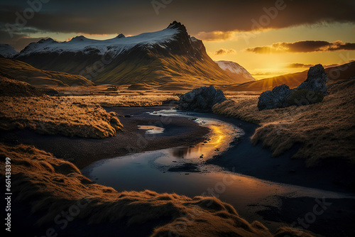 Twilight Serenity: A Nordic River Meanders Through Snowy Mountains in the Majestic Nordic Landscape, ai generative