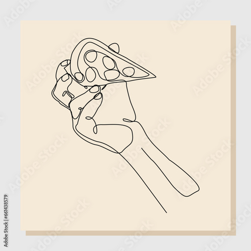 Continuous single line sketch drawing art of hand holding delicious sliced cheese pizza. Vector illustration one line of restaurant menu fast food