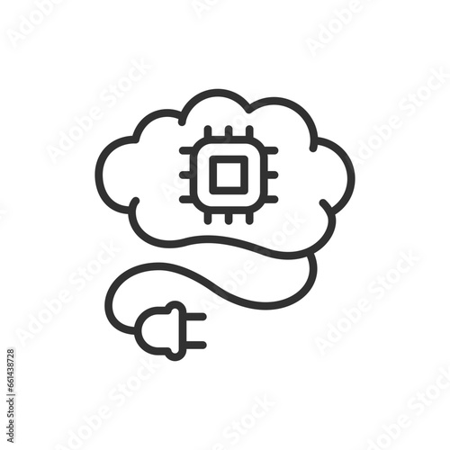 Electronic brain, linear icon. Brain, chip and electrical plug. Line with editable stroke