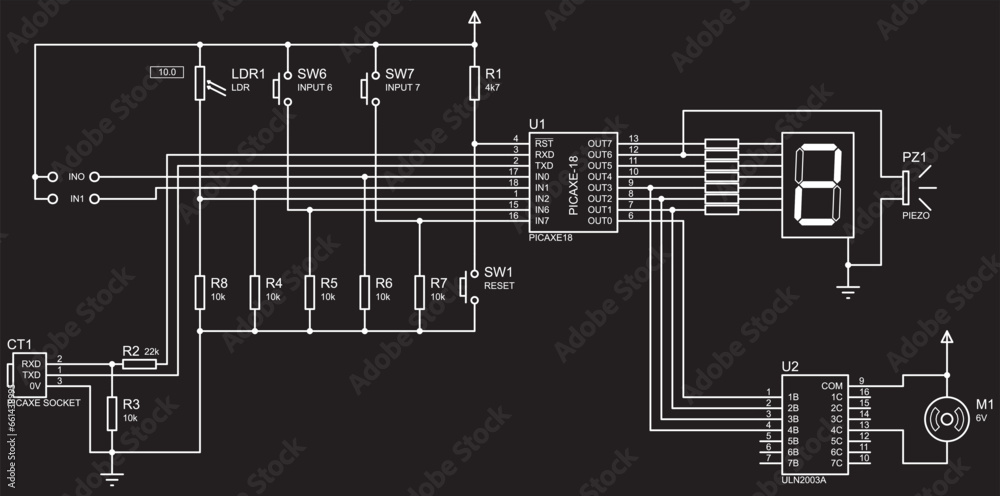 Microcontroller system. Vector electrical circuit of electronic device for data output 
to seven-segment indicator, operating under the control of a microcontroller.
The scheme with motor and display.