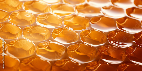 Close-up of a transparent liquid cosmetic product in the form of a honeycomb.