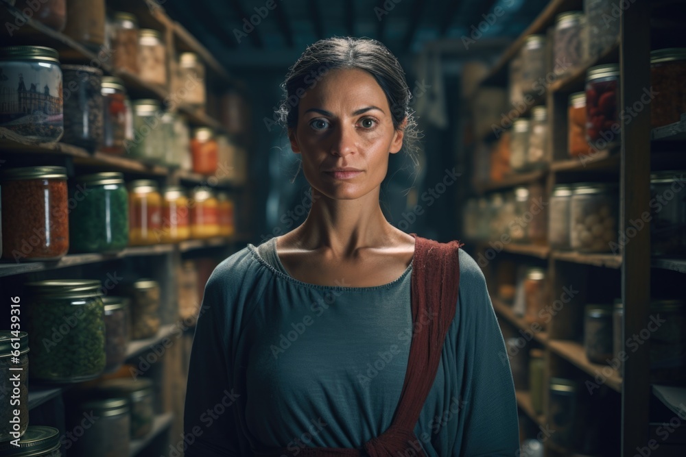 A woman is standing in front of a shelf filled with various jars. This image can be used to depict organization, storage, or a pantry concept. A woman is standing in front of a shelf filled with various jars. This image can be used to depict organization, storage, or a pantry concept.