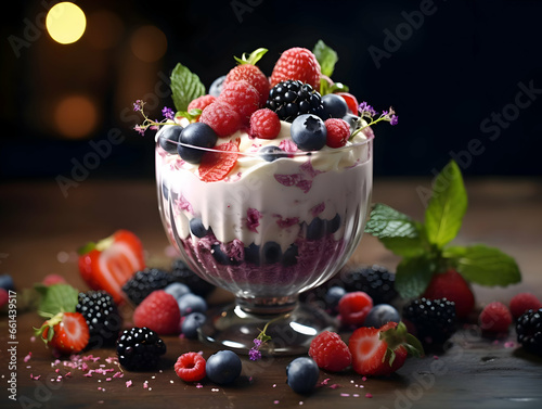 Yogurt with ice in a glass bowl with berries. High-resolution