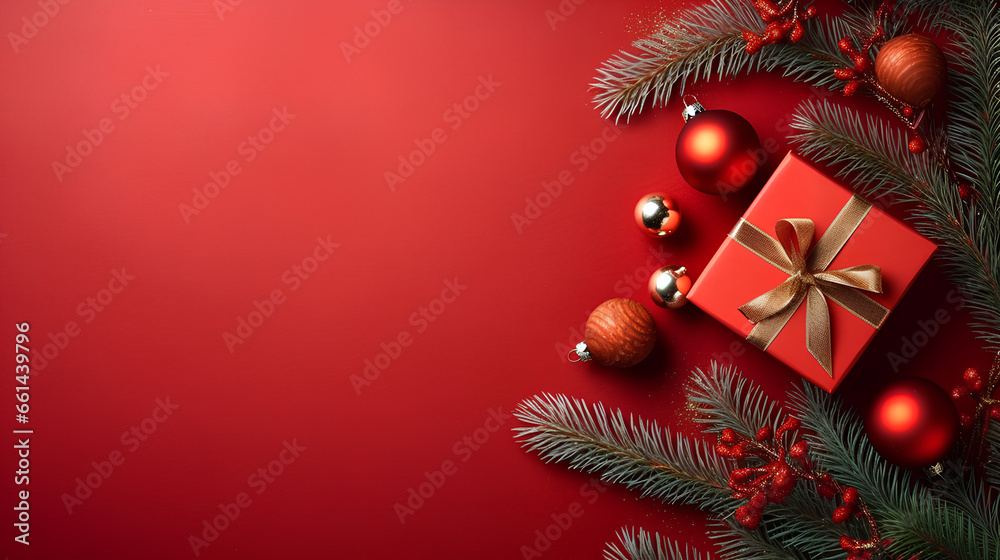 Fir branches with Christmas decorations and gifts on a red background. Space for text.