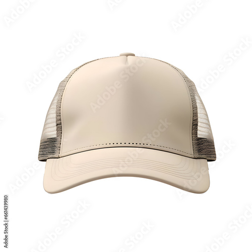 Frontal mockup of a sand-colored trucker cap. High-resolution