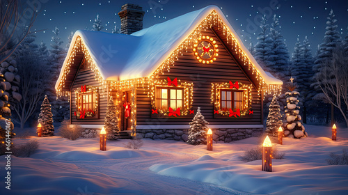 House decorated with garland lights for the holidays. Merry christmas and happy new year concept. photo