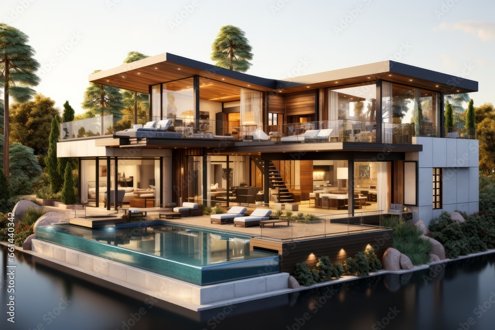 Obraz premium Modern suburban home's cross-section with a family-friendly layout, a backyard pool, and a spacious garage, Generative AI