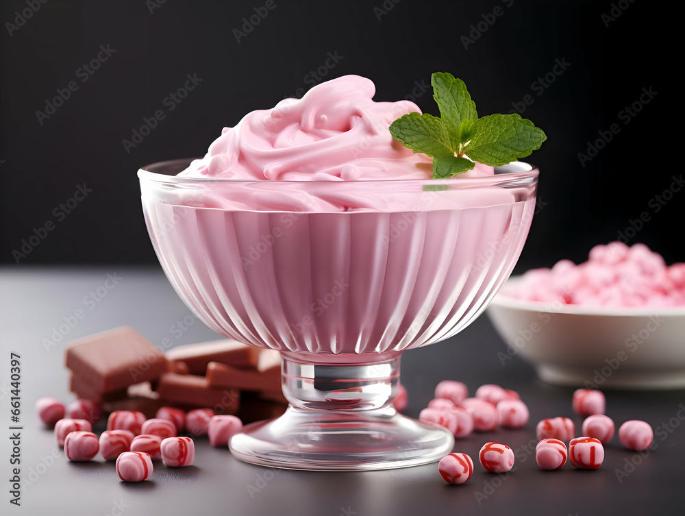 Isolated pink yogurt with ice in a glass bowl. High quality