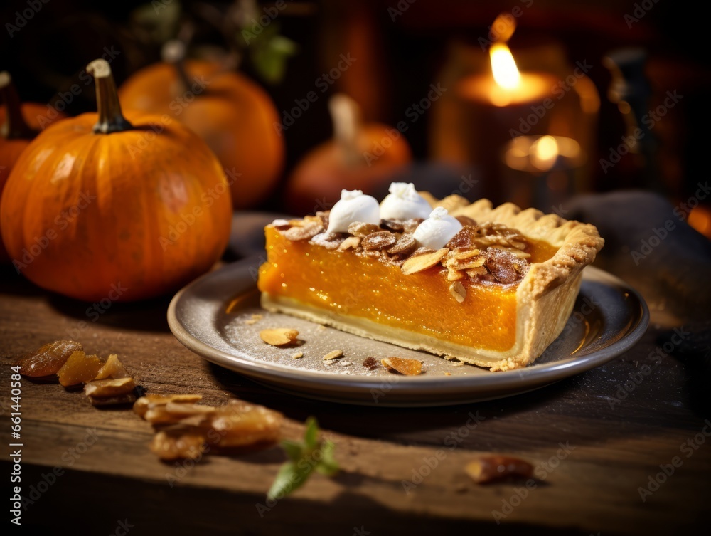 A piece of pumpkin pie with whipped cream on top on a wooden rustic table A piece of pumpkin pie with whipped cream on top on a wooden rustic table