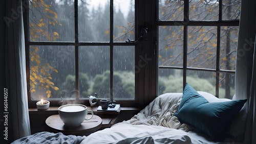 Cosy room and coffee cup with steam on the desk. Rain falling outside the big window. Relax and tranquil atmosphere.