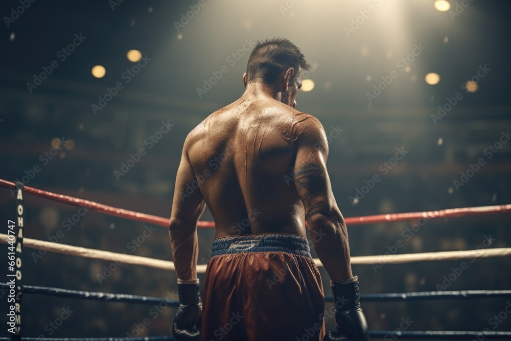 A man standing in a boxing ring with his back to the camera. This image can be used to depict a boxer preparing for a match or training in a gym. - obrazy, fototapety, plakaty 