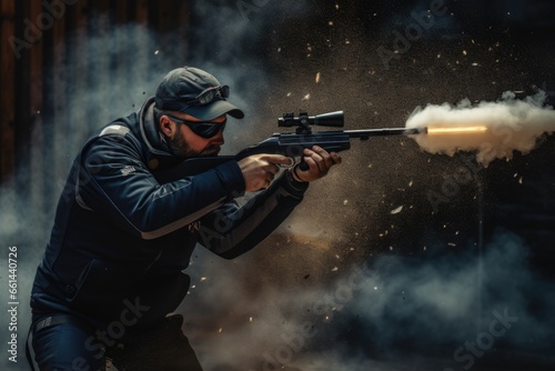 A powerful image of a man shooting a gun, with smoke billowing out of the barrel. Perfect for illustrating action and danger in various projects. photo