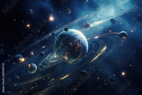 A mesmerizing image of a space scene featuring planets and stars. This picture is perfect for use in science fiction projects or educational materials about outer space.
