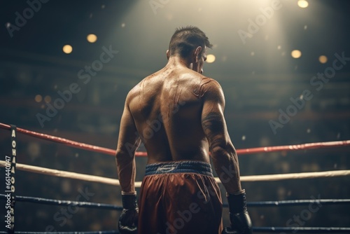 A man standing in a boxing ring with his back to the camera. This image can be used to depict a boxer preparing for a match or training in a gym.