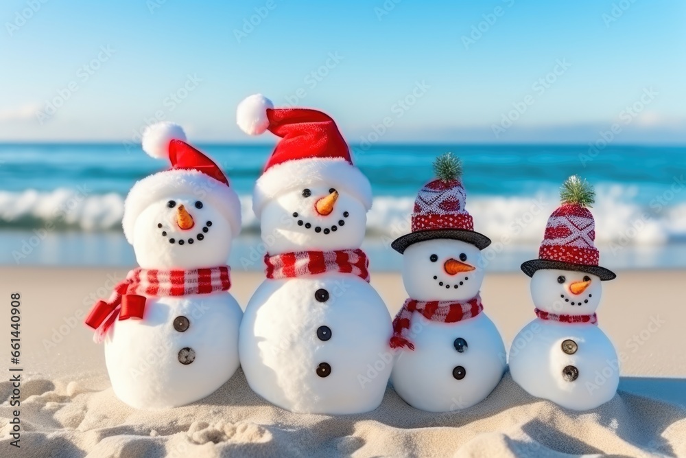 Snowmens at beach in santa hats