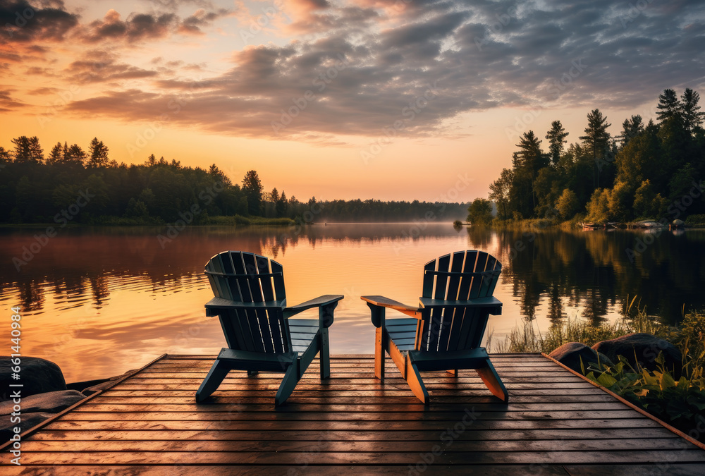 Fototapeta premium Wooden chair on the lake 
