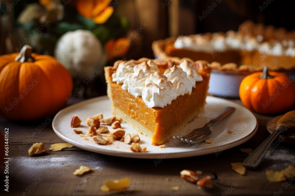 A piece of pumpkin pie with whipped cream on top on a wooden rustic table A piece of pumpkin pie with whipped cream on top on a wooden rustic table