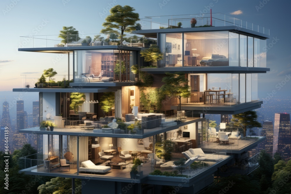 Modern city penthouse's cross-section with a rooftop garden, city skyline views, and a contemporary urban aesthetic, Generative AI