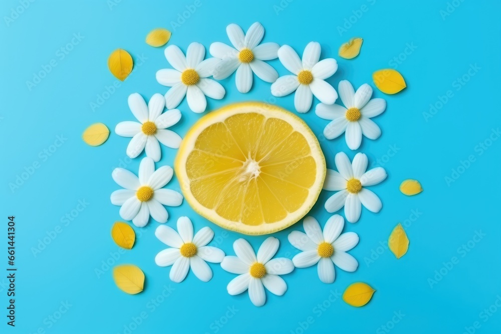 Sun made of lemon and yellow flower petals Sun made of lemon and yellow flower petals