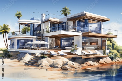 Modern coastal villa's cross-section with coastal decor, nautical accents, and a beachfront location, Generative AI