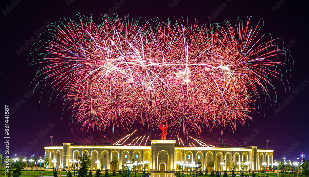 Uzbekistan, Tashkent - September 1, 2023: Multi-colored fireworks over