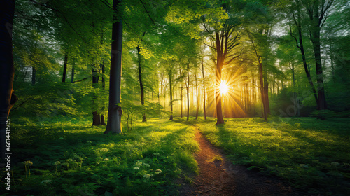 Springtime forest with setting sun shining through leaves and branches. Nature, forestry, habitat, environment and sustainability concepts