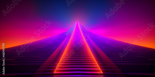 A staircase in neon pink and red bright colors with black background rising from bottom to top