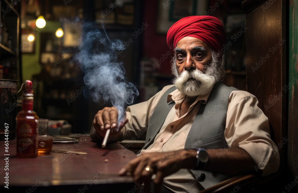 A stylish man with a fiery red turban and a rugged beard sits on the street, smoking a cigar and sipping from a bottle, exuding an air of confidence and mystery in his indoor surroundings