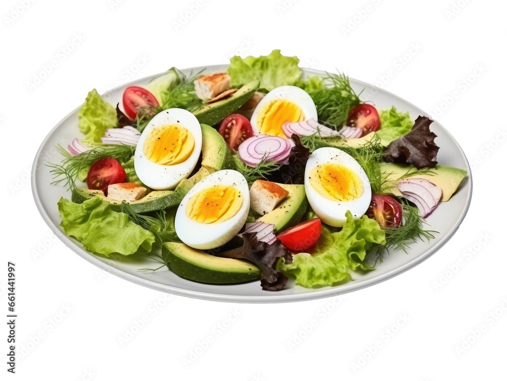 Tasty and healthy salad made of avocado, eggs, tomato, cucumber, tofu, arugula on a light plate isolated on transparent white plate, generated by AI Tasty and healthy salad made of avocado, eggs, tomato, cucumber, tofu, arugula on a light plate isolated on transparent white plate, generated by AI