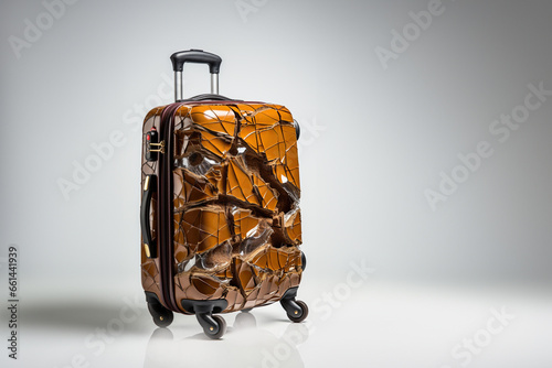 a modern luggage in messy condition damaged from bad logistic on studio background
