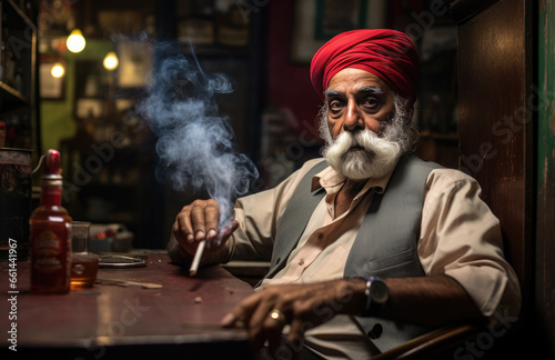 A stylish man with a fiery red turban and a rugged beard sits on the street, smoking a cigar and sipping from a bottle, exuding an air of confidence and mystery in his indoor surroundings