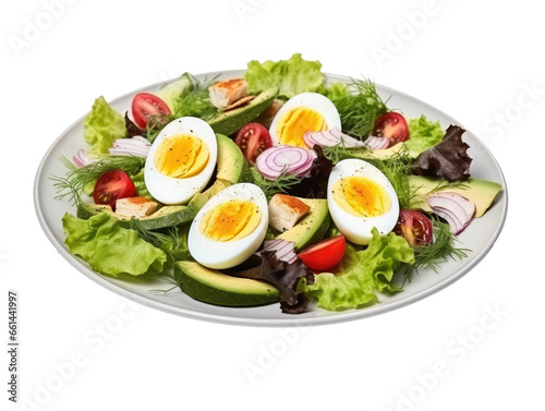 Tasty and healthy salad made of avocado  eggs  tomato  cucumber  tofu  arugula on a light plate isolated on transparent white plate  generated by AI