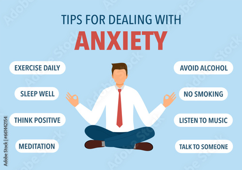 Tips for dealing with anxiety. Businessman doing meditation. Useful advices for anxiety management infographic design.