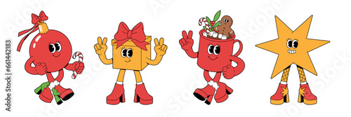 Merry Christmas and Happy New year characters. Gift box coffee star ball in trendy groovy retro cartoon style. Sticker pack of comic characters.