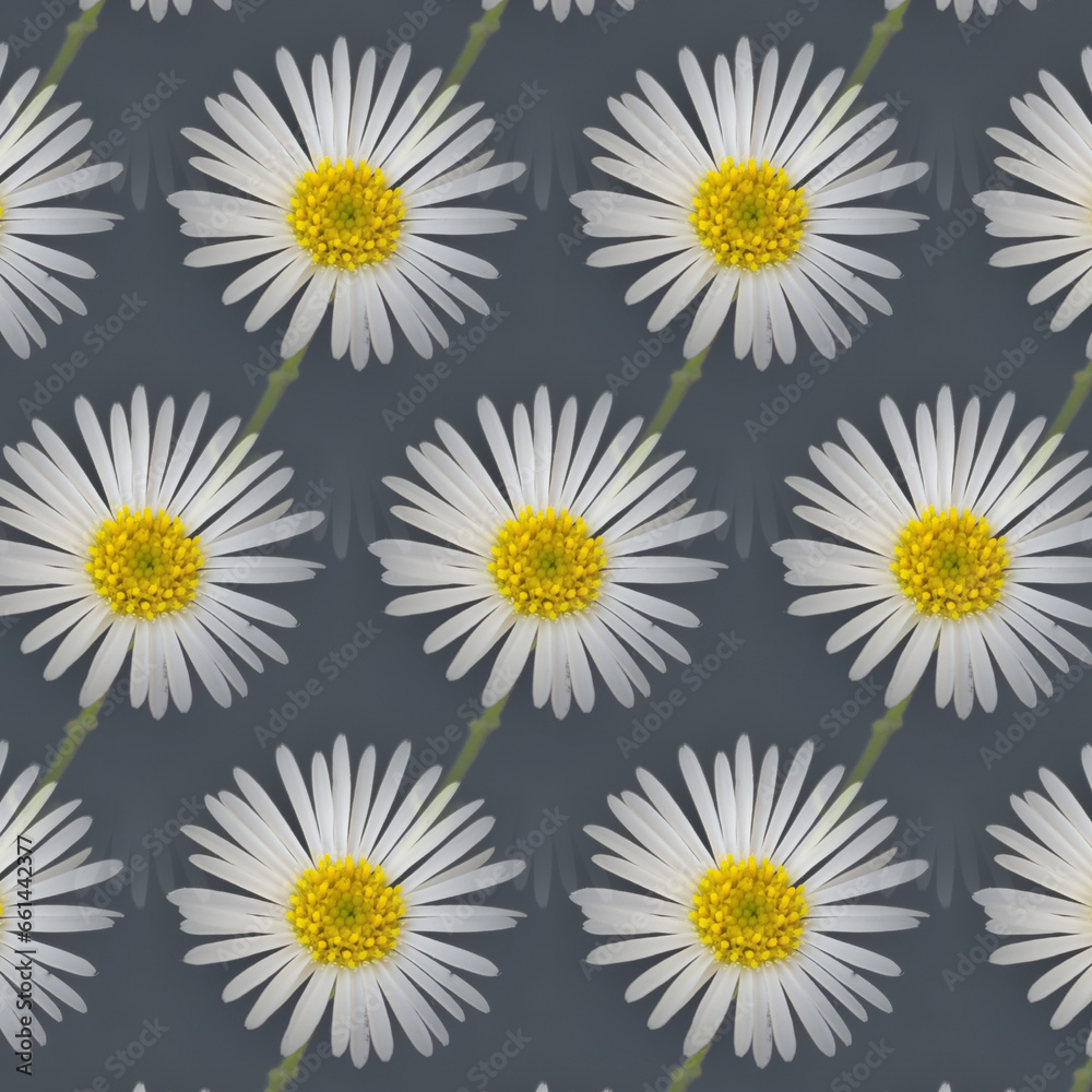 traditional daisy and stem white and yellow gold center on a plain grey background repeating pattern traditional daisy and stem white and yellow gold center on a plain grey background repeating pattern
